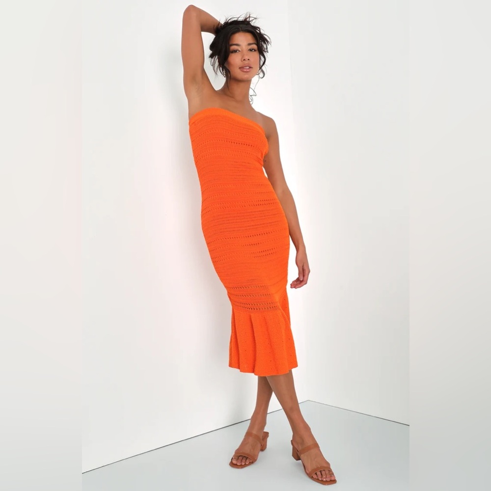 Lulus orange knot strapless midi dress